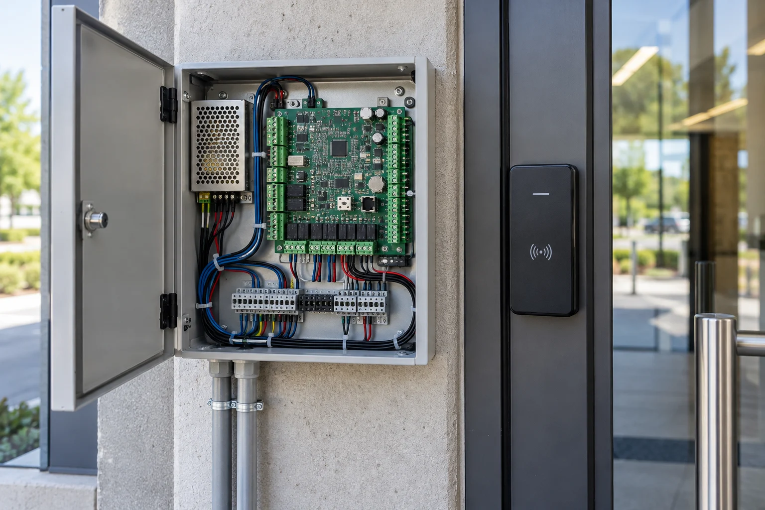 Access control panel with organized wiring and a card reader beside an entrance