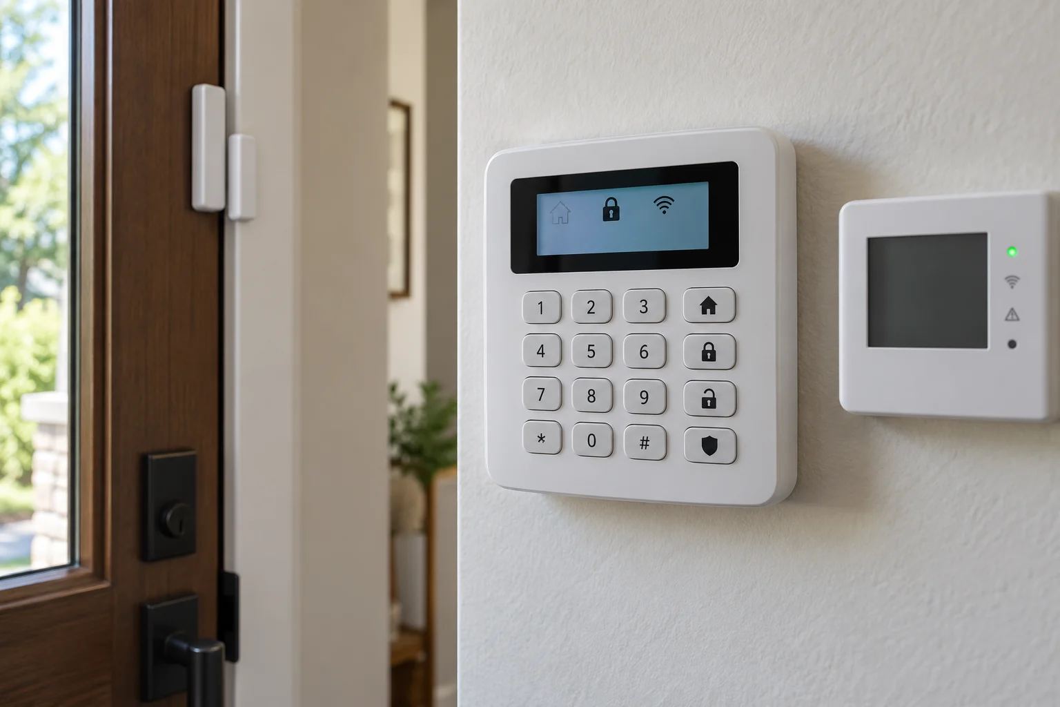 Burglar alarm keypad and entry door contact sensor