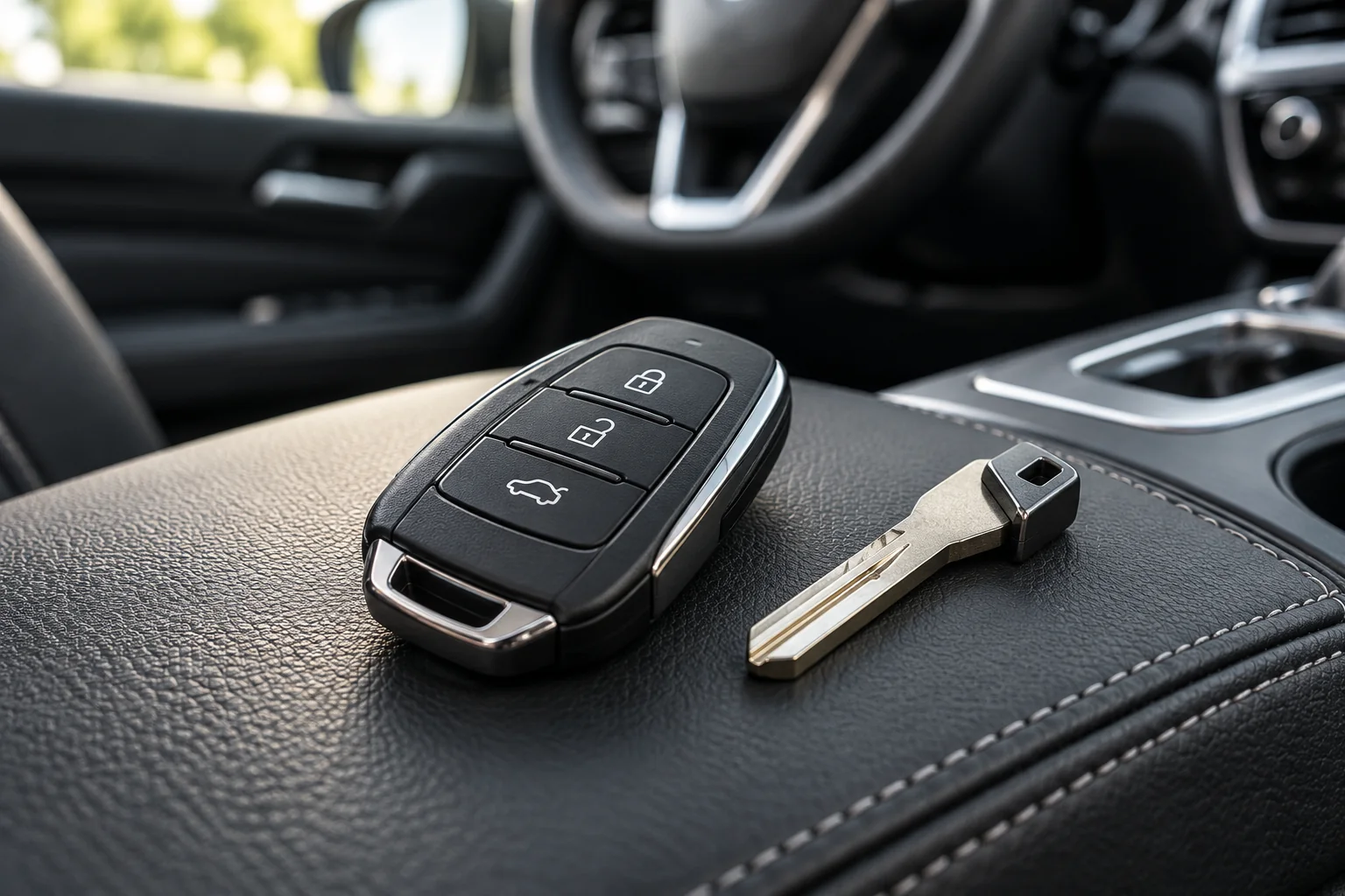 Car key fob and spare blade key on a vehicle center console
