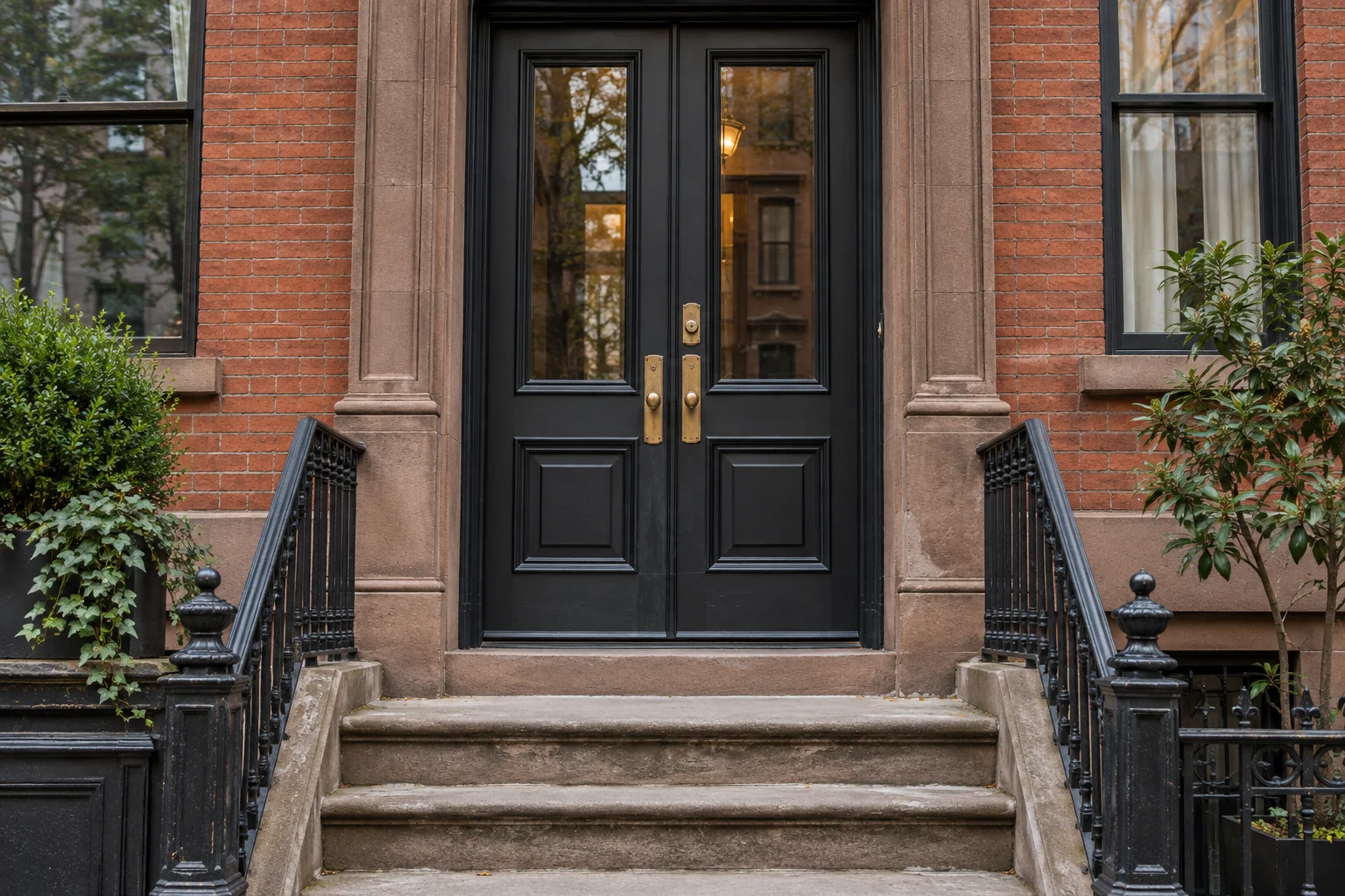 Brick building entrance with dark double doors and brass hardware