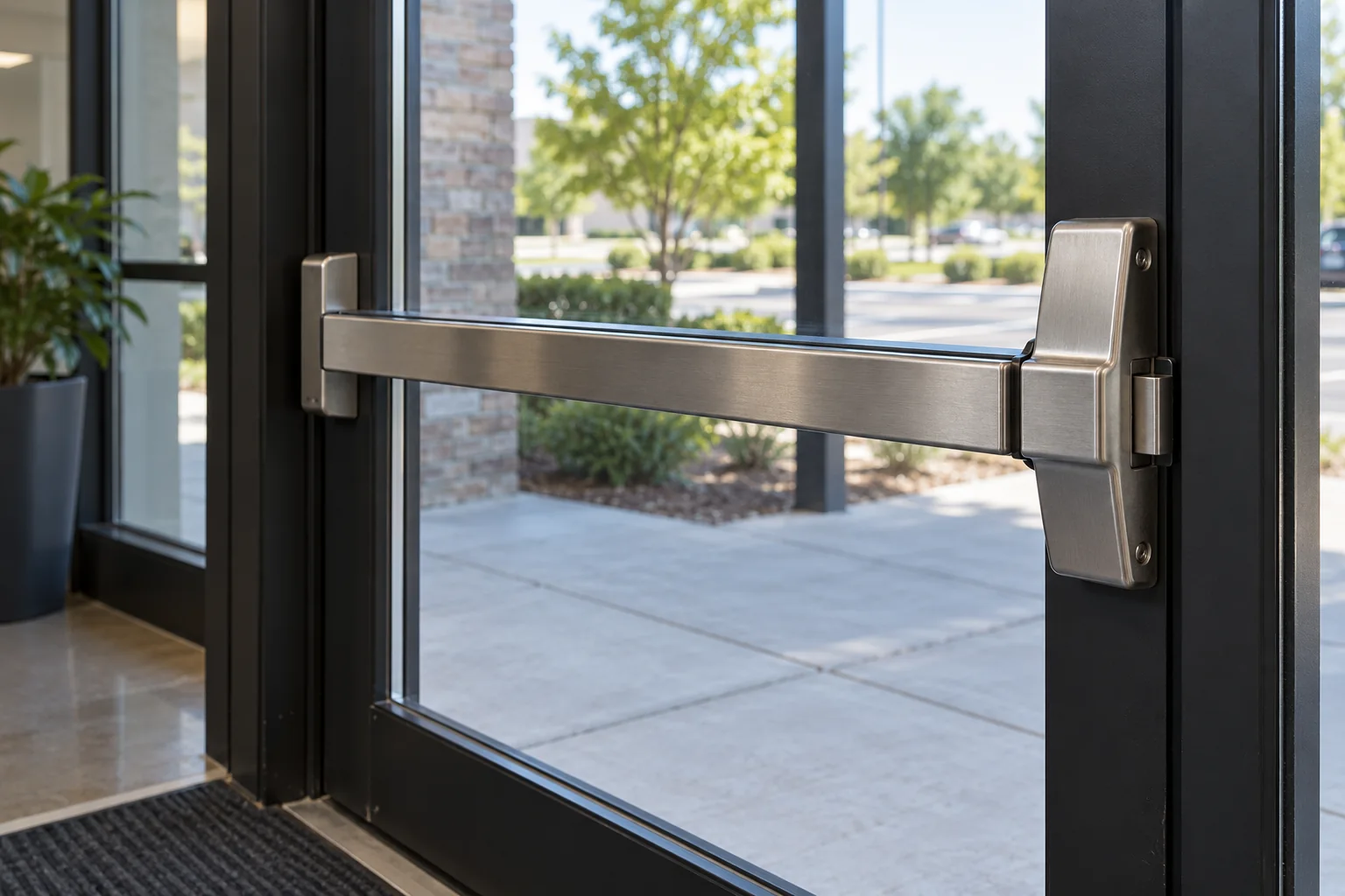 Commercial glass entrance door with a stainless steel push bar