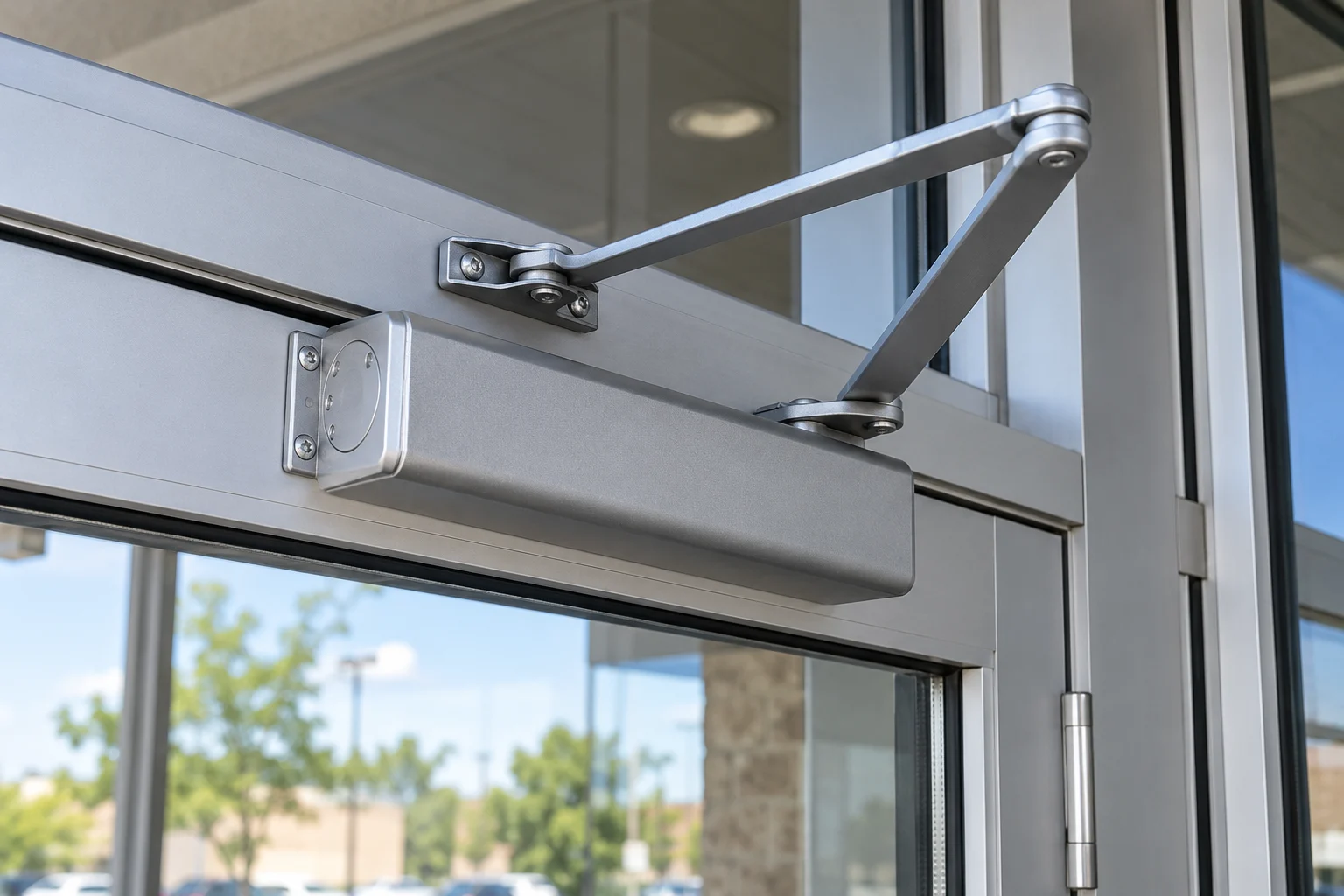 Hydraulic door closer and articulated arm on a storefront door