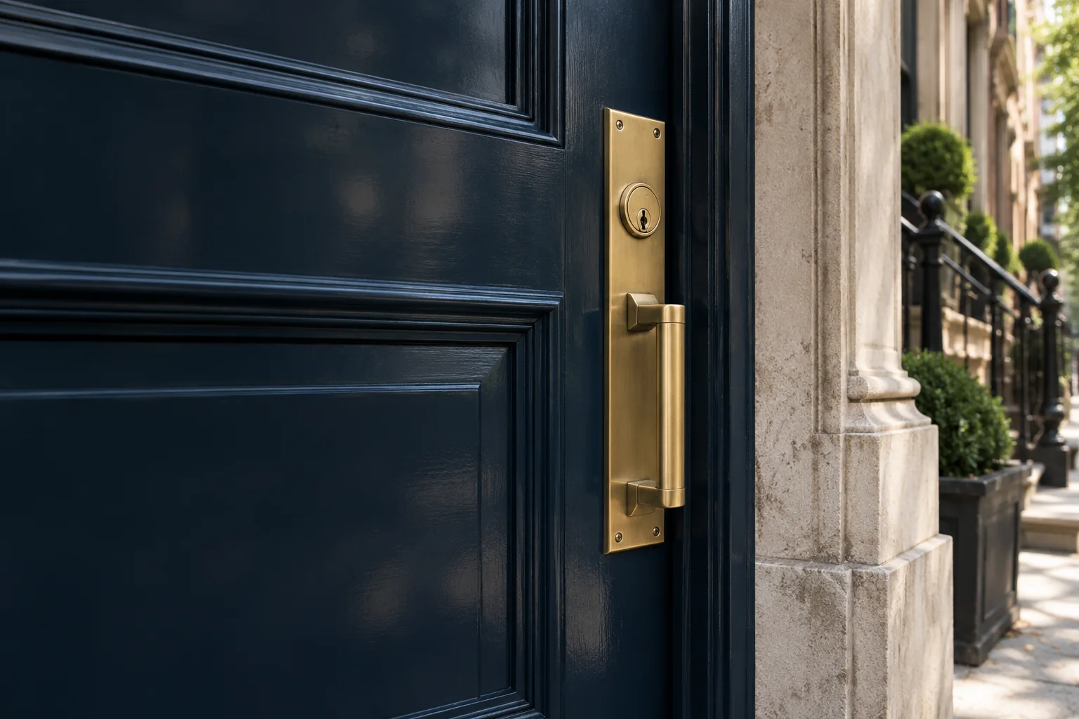 Dark entrance door with brass lock hardware