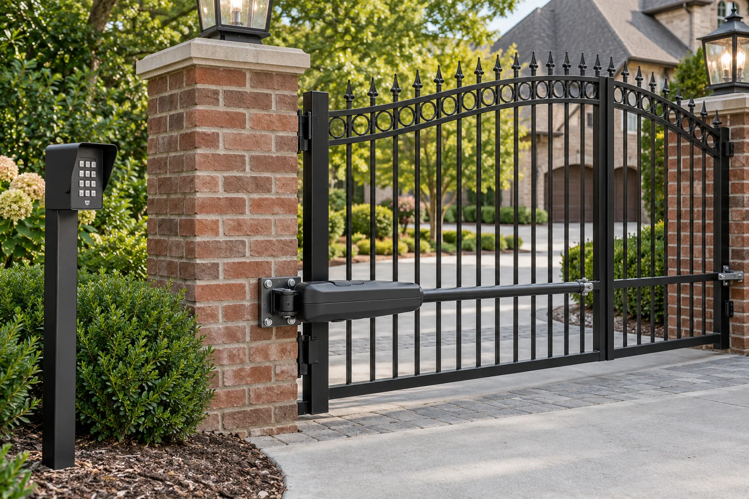 Electric gate motor and entry keypad beside a driveway gate