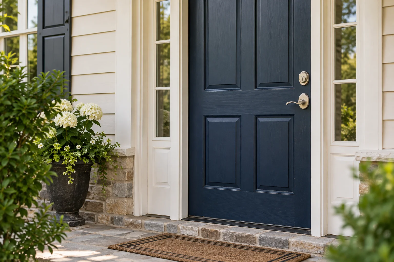Residential entrance with a navy door and keyed lock