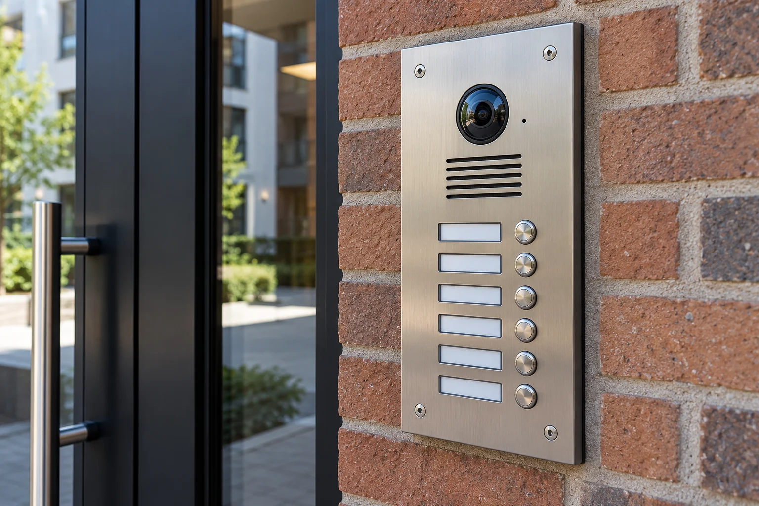 Apartment intercom panel with speaker, camera and call buttons