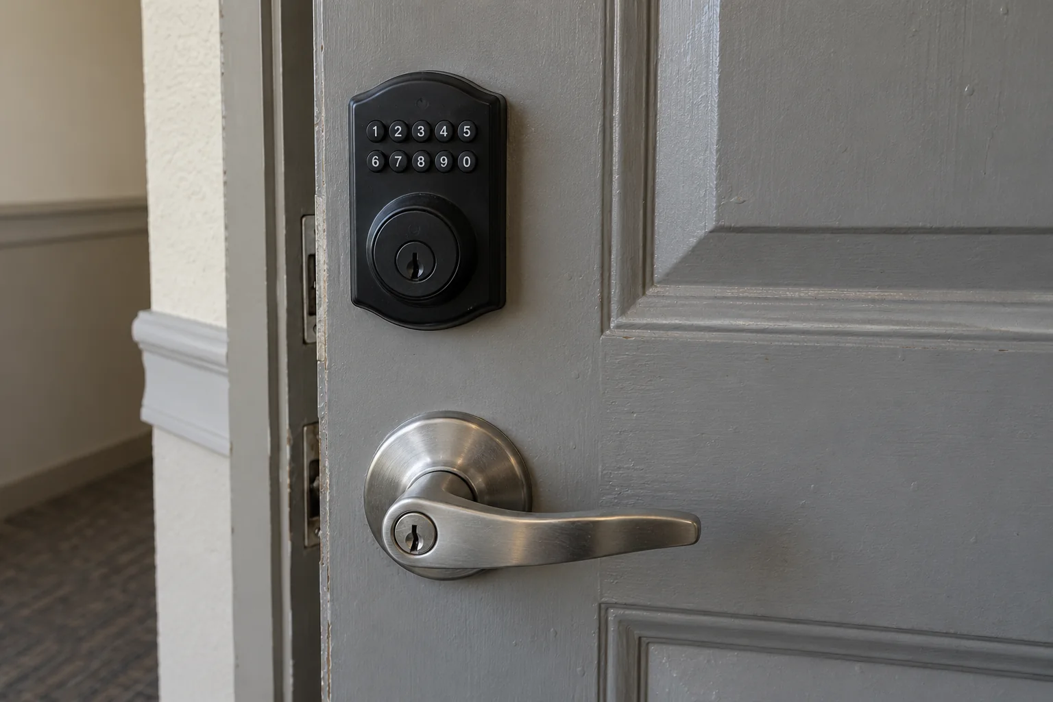 Keypad smart deadbolt above a lever handle on a gray entry door