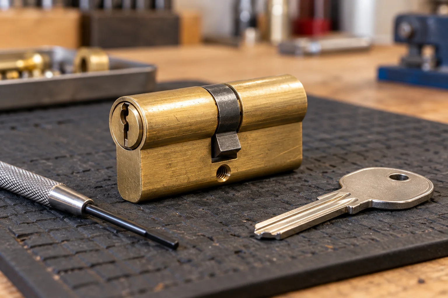Lock cylinder and key on a locksmith workbench