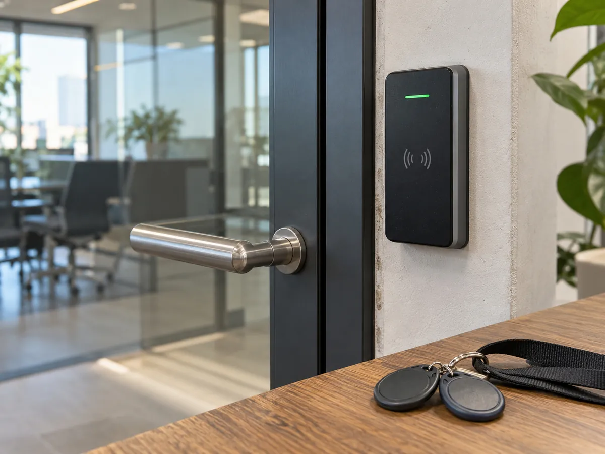 Card reader with key fobs beside a door