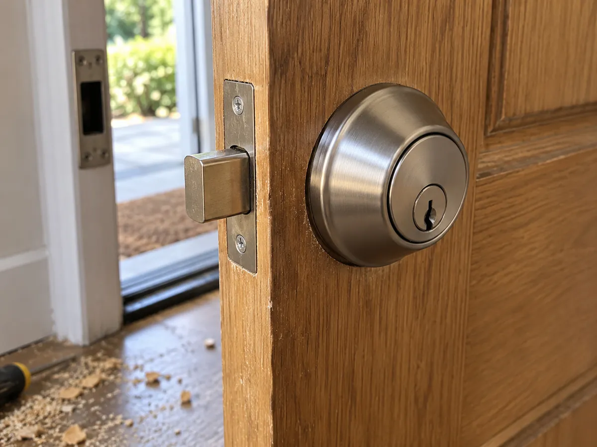 New deadbolt fitted into a freshly drilled door