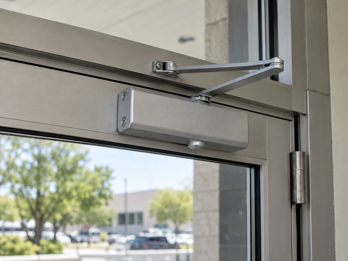 Surface-mounted door closer with arm on a commercial door