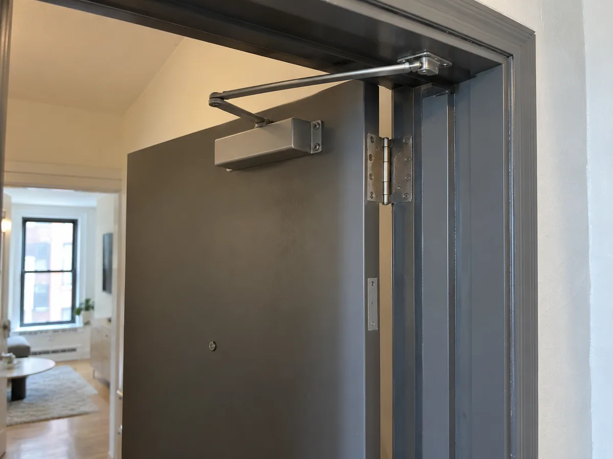 Fire-rated apartment door with an overhead closer