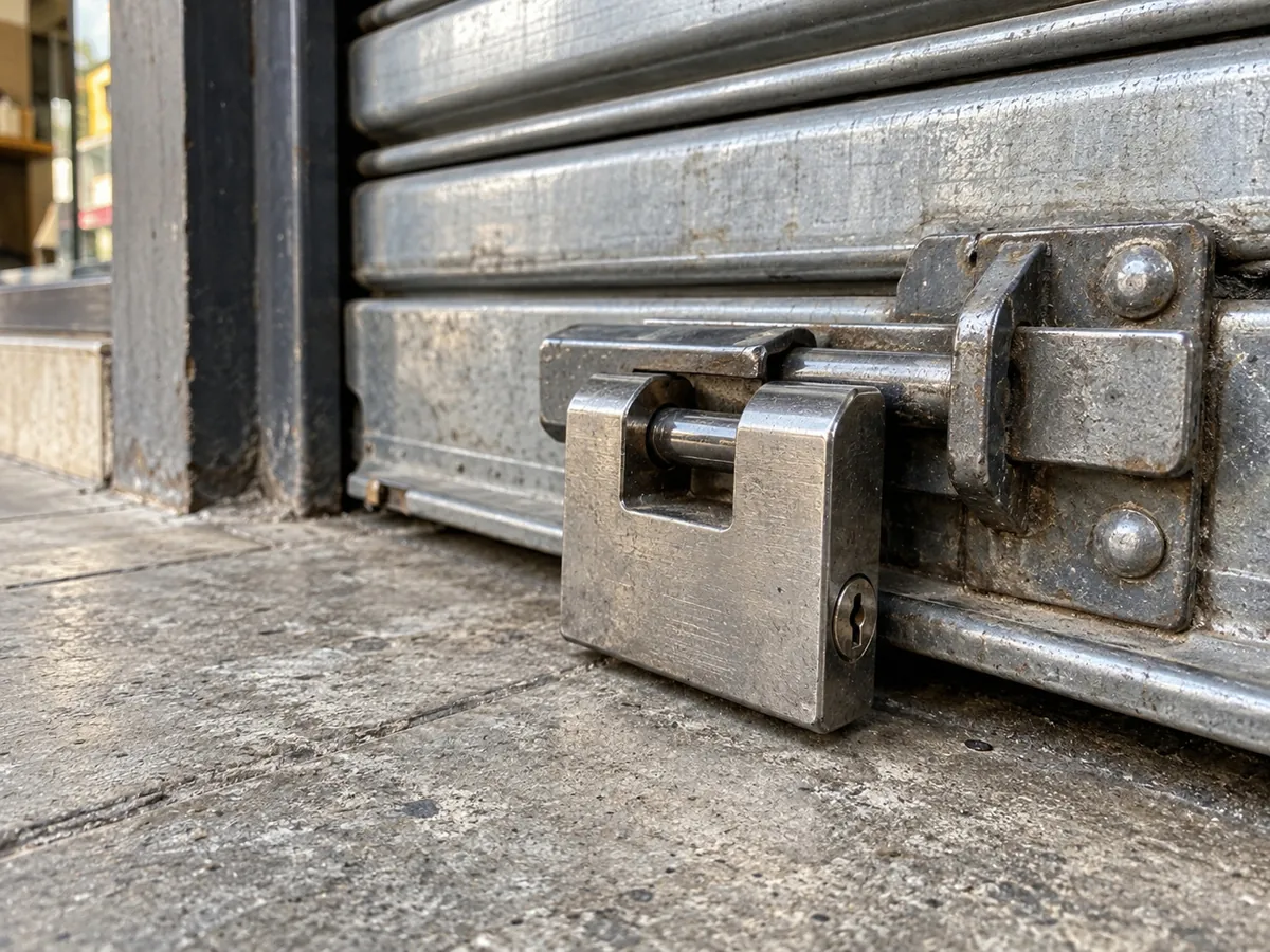 Shrouded padlock on a roll-down gate