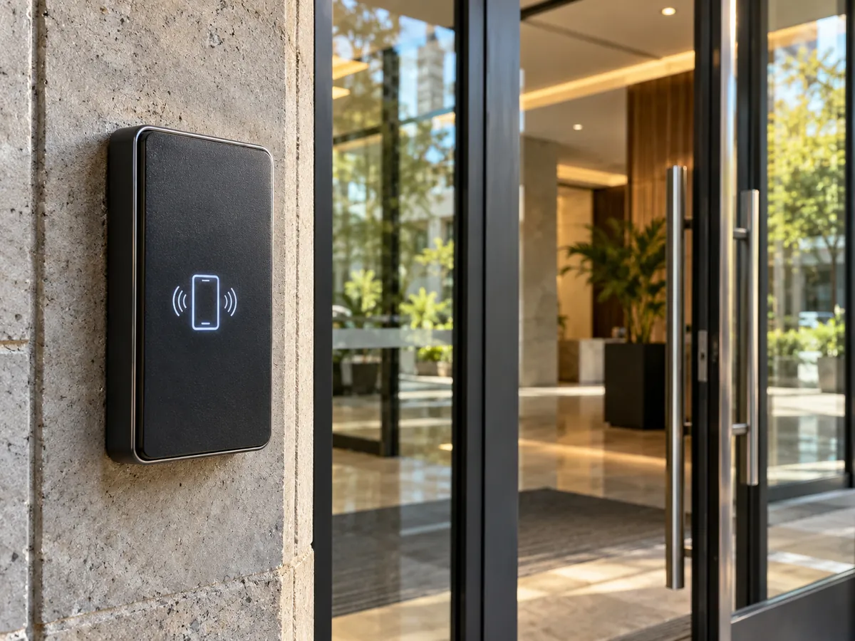 Lobby entrance reader opened with a phone