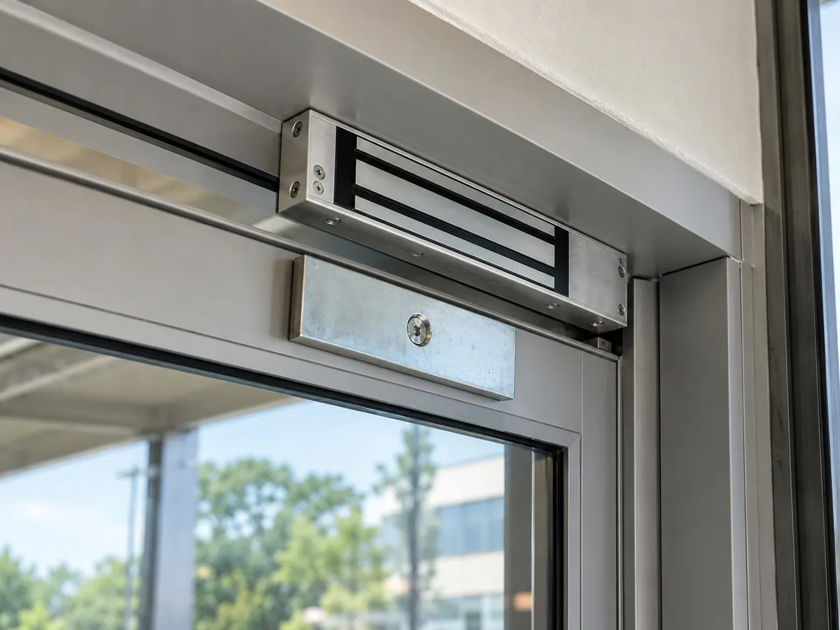 Magnetic lock at the top of a glass door