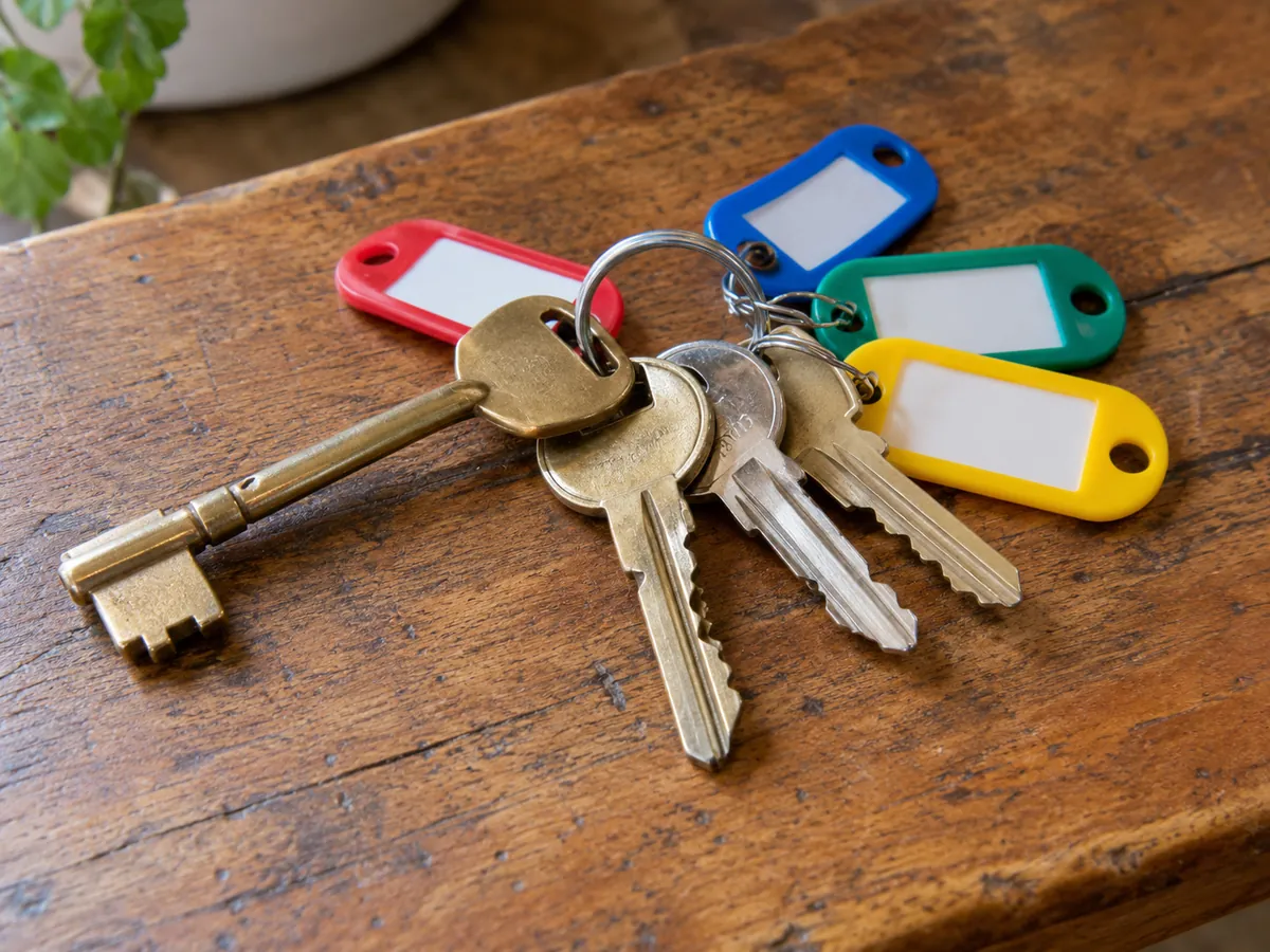 Master key and individual door keys on labeled tags