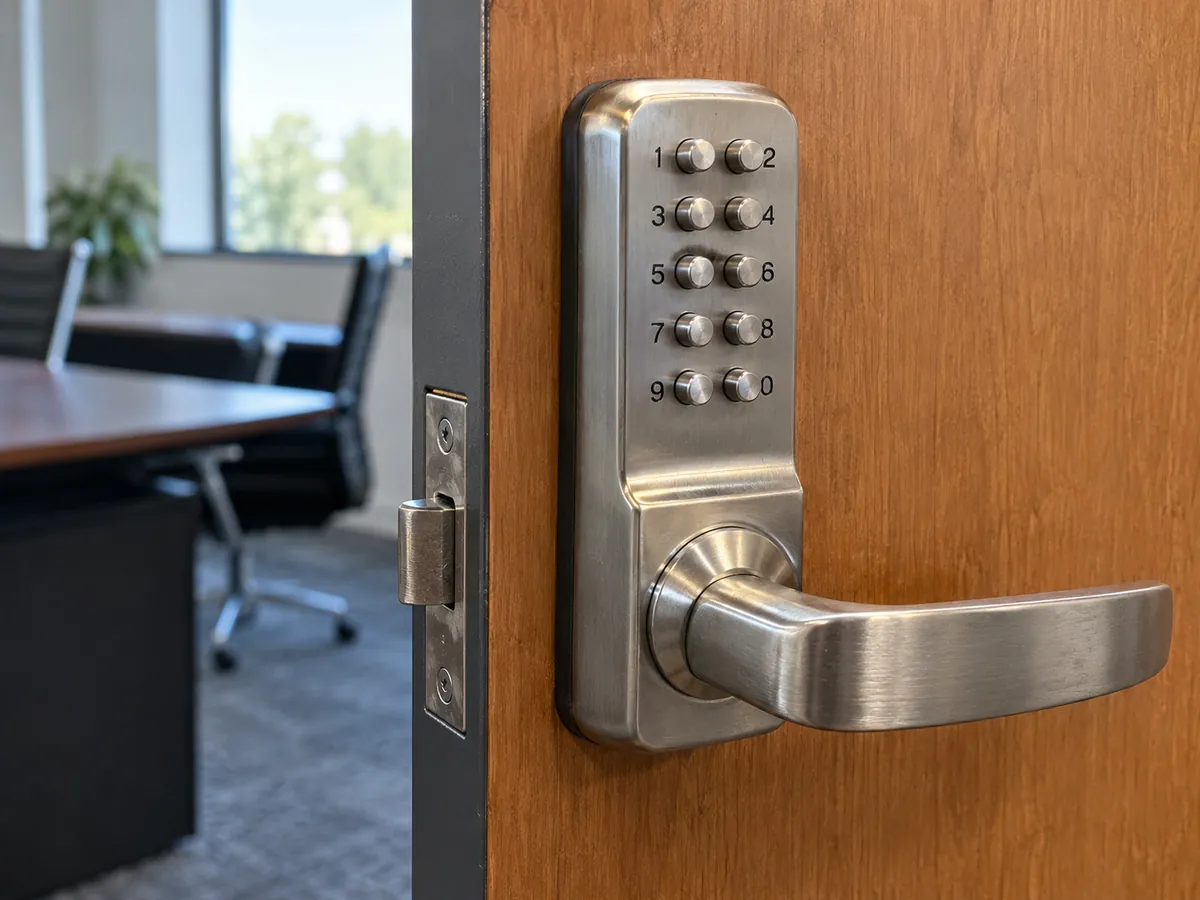 Mechanical push-button lock on a door