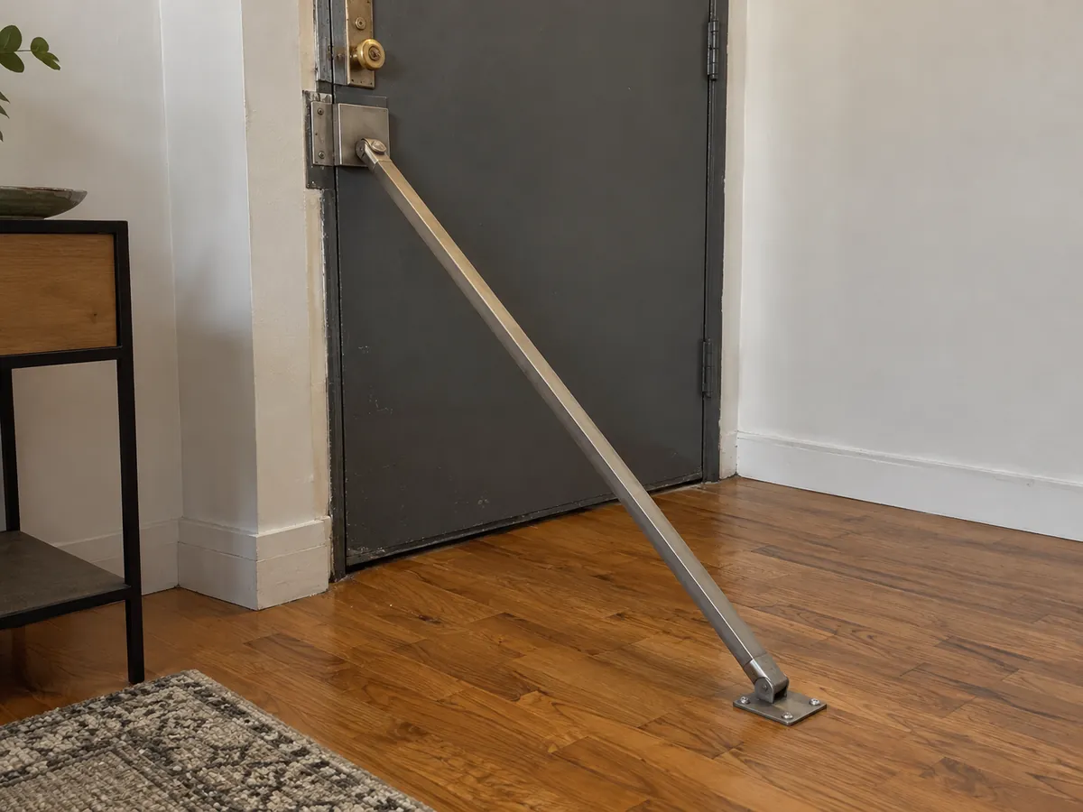 Police brace lock with the bar set into a floor plate