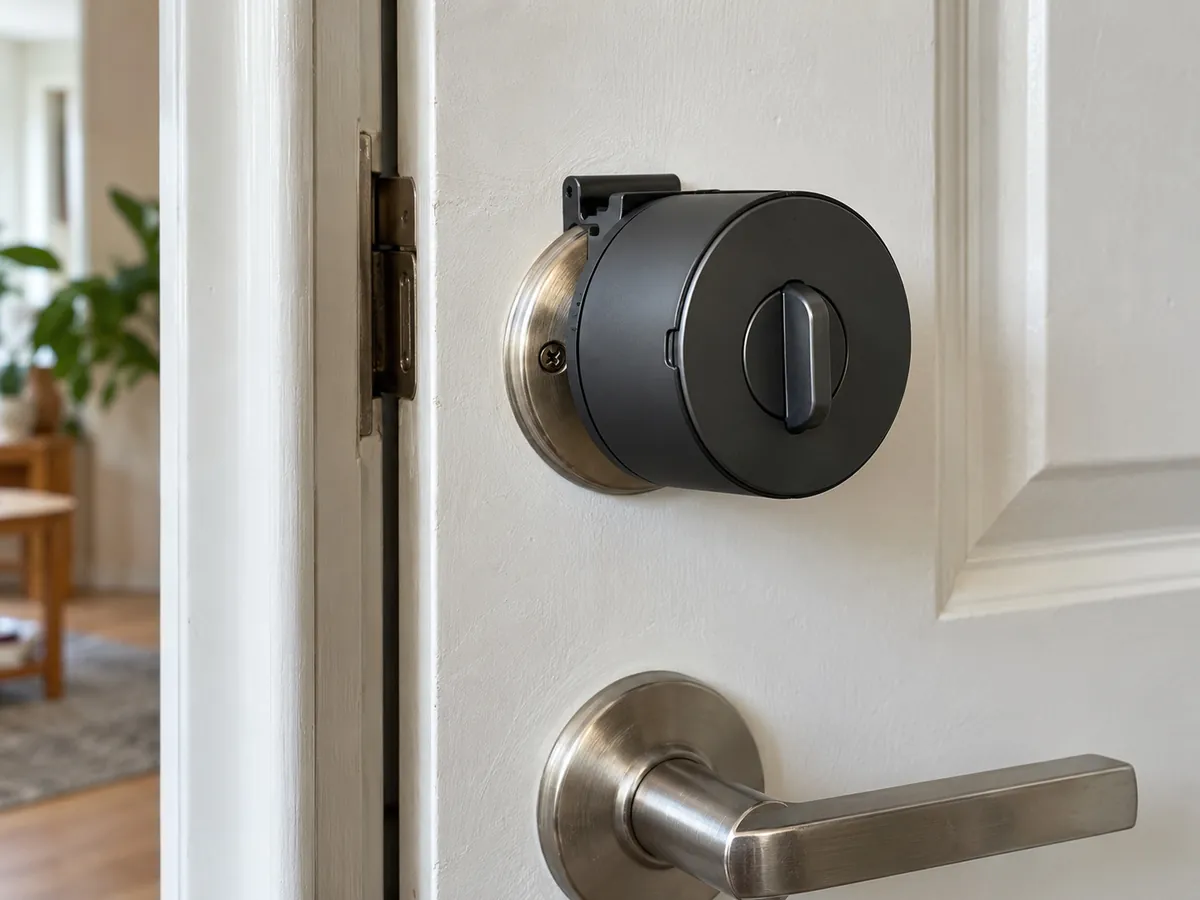 Retrofit smart lock mounted on the inside of a door