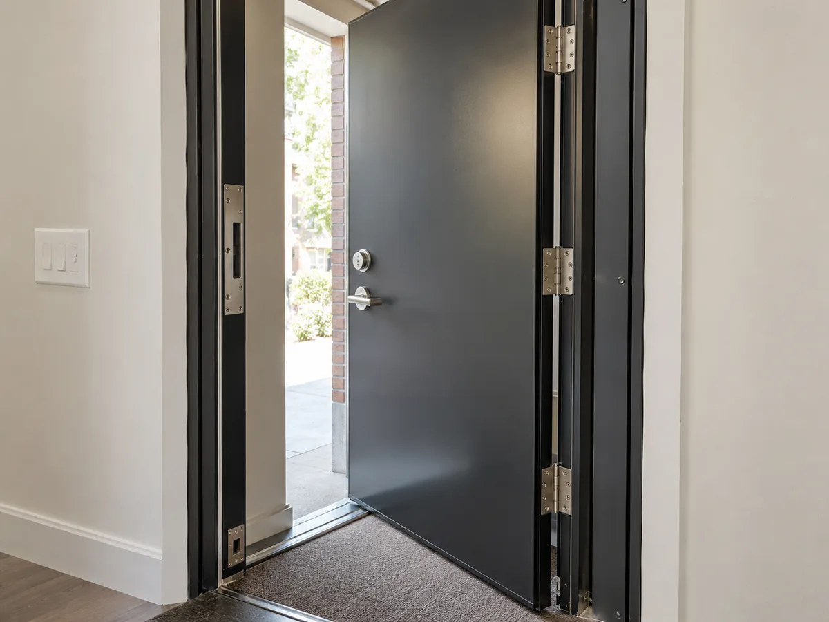 Steel entry door in a reinforced steel frame