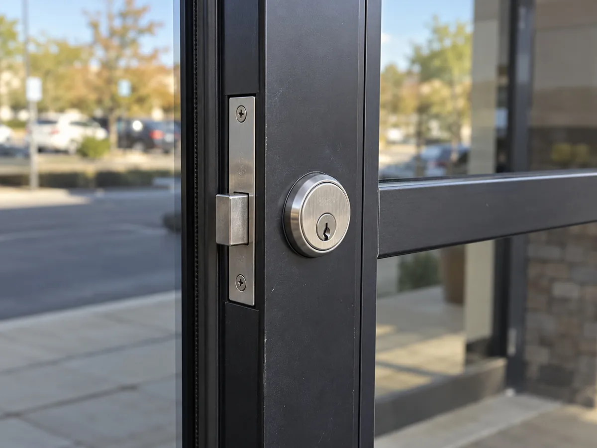 Narrow-stile hook-bolt deadlock on an aluminum glass door
