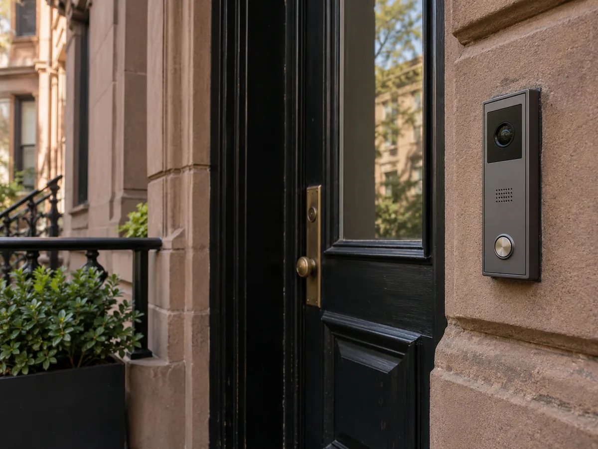 Video intercom station at a brownstone entrance