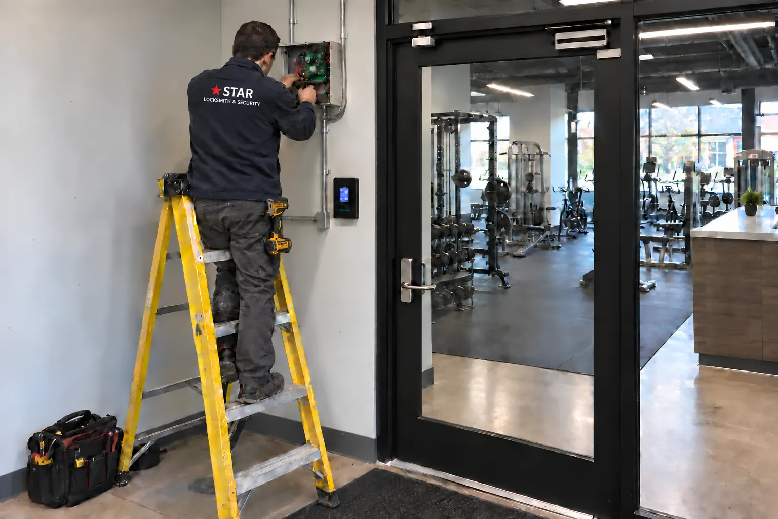 Illustration of an access control installation at a gym entrance