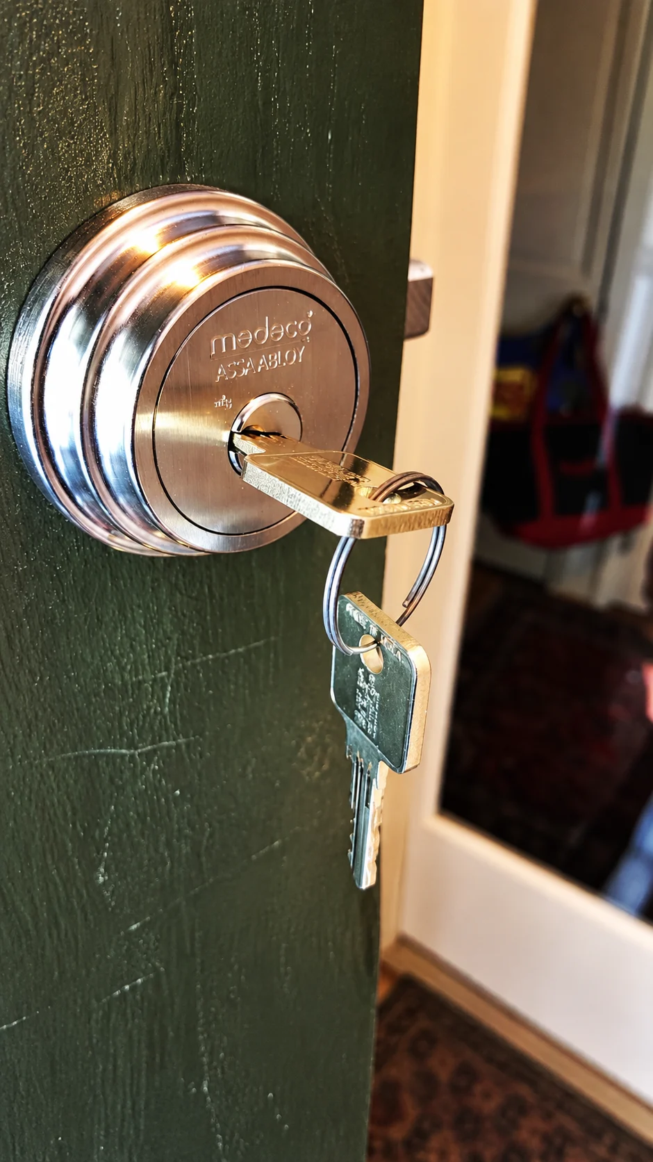 Medeco cylinder with keys in a green door