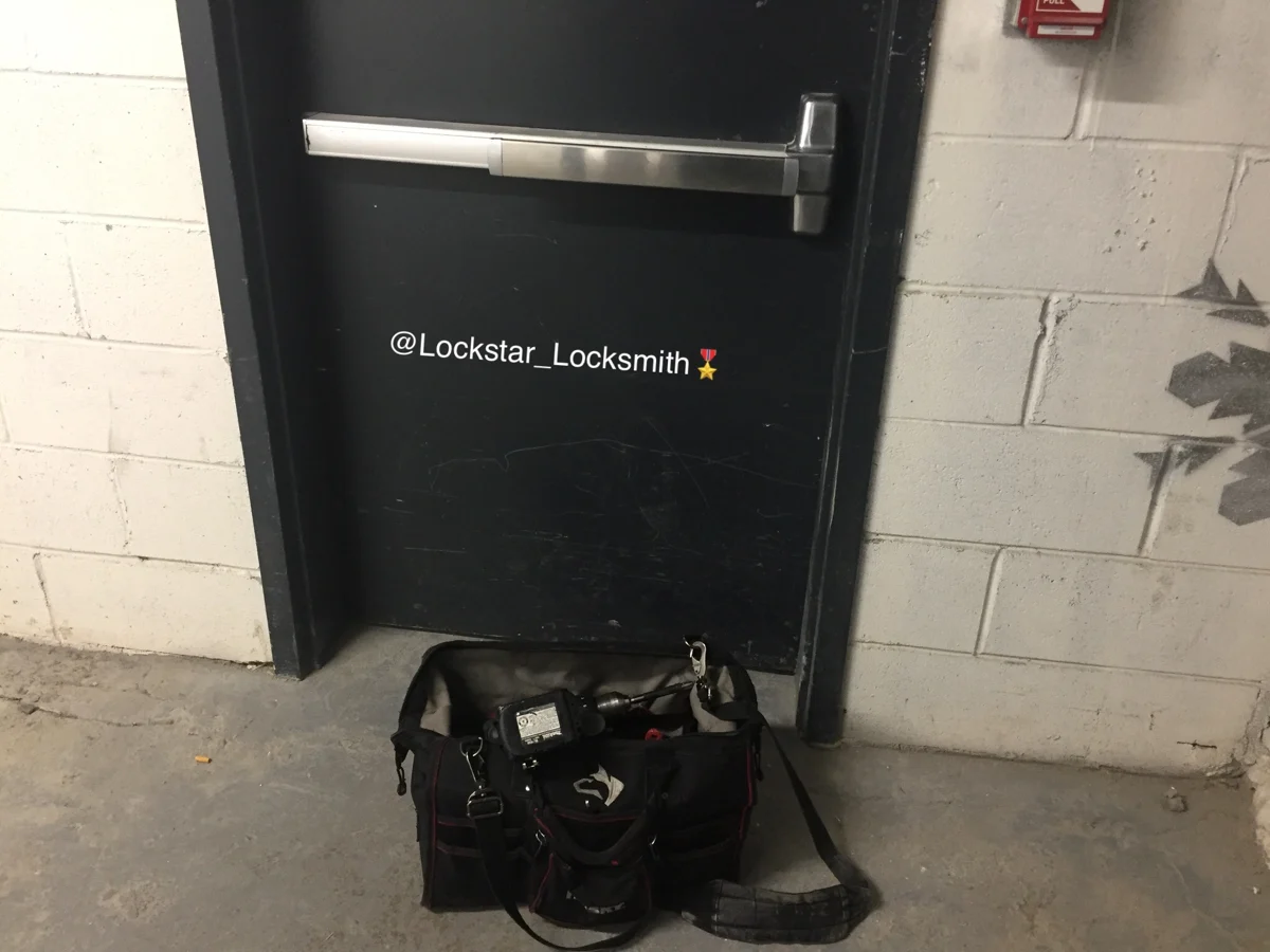 Exit door push bar and locksmith tool bag